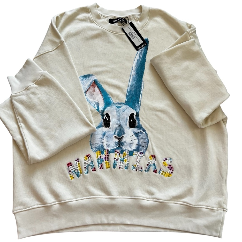 NWT Nahmias Swarovski Crystal Bunny White Cotton Crewneck Sweatshirt L - Picture 8 of 16